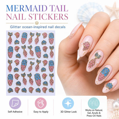 Ocean Mermaid Tail Nail Art Stickers, Pink Blue Glitter Foil Seashell Self-Adhesive Nail Decals for Acrylic Gel Natural Nails | Pegatinas para uñas Marinas
