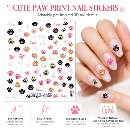 3D Cat Paw Print Nail Art Stickers, Pink Black White Glitter Kitty Self-Adhesive Nail Decals for Acrylic Gel Natural Nails | Calcomanías 3D para Uñas con Huellitas