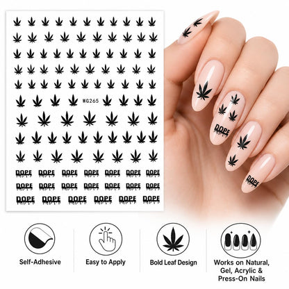 Black Cannabis Leaf Nail Stickers, Weed Marijuana Nail Art Decals, Dope Nails, 420 Stoner Manicure, Pot Leaf Nail Design