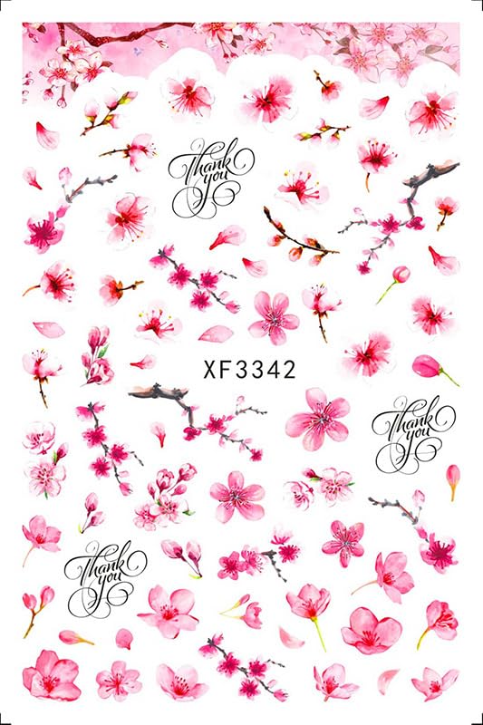 Pink Cherry Blossom Nail Art Stickers, Sakura Flower Floral Self-Adhesive Nail Decals for Acrylic Gel Natural Nails, Spring Manicure | Calcomanías para Uñas con Flores Rosadas