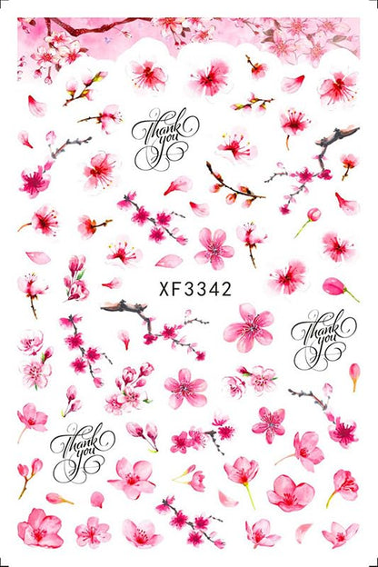 Pink Cherry Blossom Nail Art Stickers, Sakura Flower Floral Self-Adhesive Nail Decals for Acrylic Gel Natural Nails, Spring Manicure | Calcomanías para Uñas con Flores Rosadas