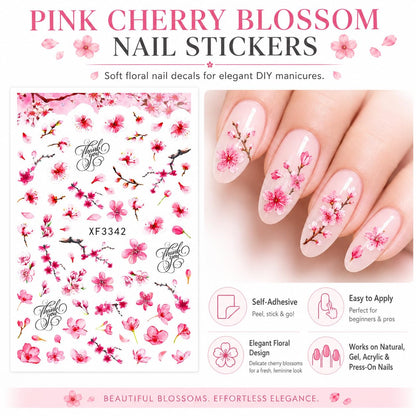 Pink Cherry Blossom Nail Art Stickers, Sakura Flower Floral Self-Adhesive Nail Decals for Acrylic Gel Natural Nails, Spring Manicure | Calcomanías para Uñas con Flores Rosadas