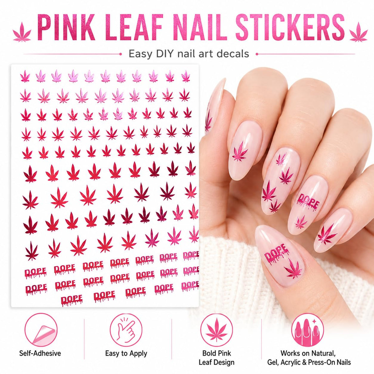 Mary Jane Pink Cannabis Leaf Nail Stickers, Weed Marijuana Nail Art Decals, Dope Nails, 420 Stoner Manicure, Pot Leaf Nail Design, Pink