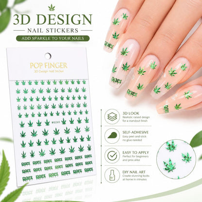 Green Leaf 3D Nail Art Stickers, Self-Adhesive Nail Decals for Acrylic, Gel & Press-On Nails | Calcomanías 3D para Uñas con Hojas Verdes