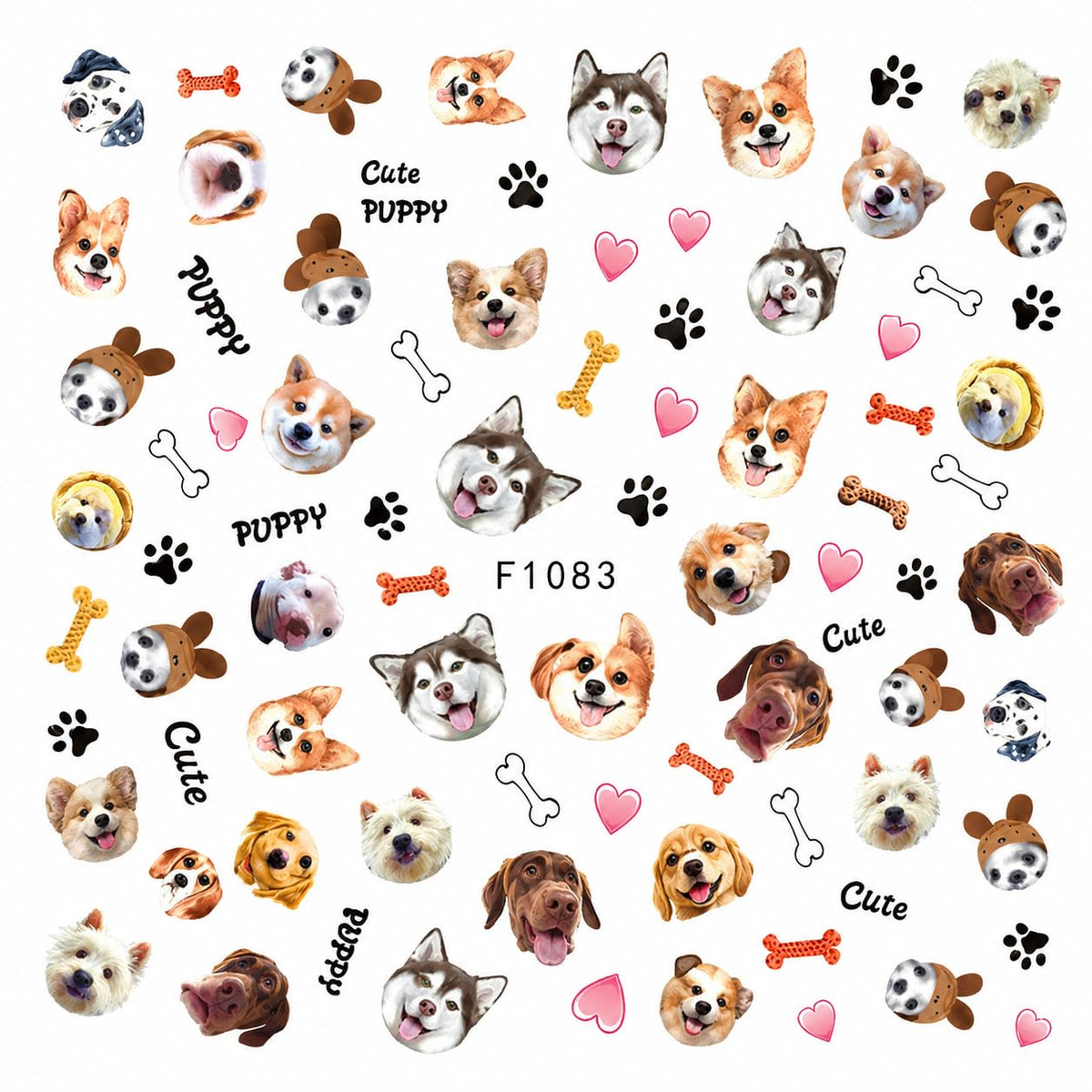 Cute Puppy Nail Art Stickers, Dog Face Paw Print Bone Heart Self-Adhesive Nail Decals for Acrylic Gel Natural Nails, Dog Lover Gift | Calcomanías para Uñas de Perritos