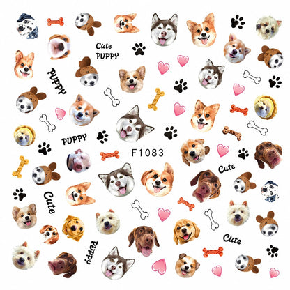 Cute Puppy Nail Art Stickers, Dog Face Paw Print Bone Heart Self-Adhesive Nail Decals for Acrylic Gel Natural Nails, Dog Lover Gift | Calcomanías para Uñas de Perritos