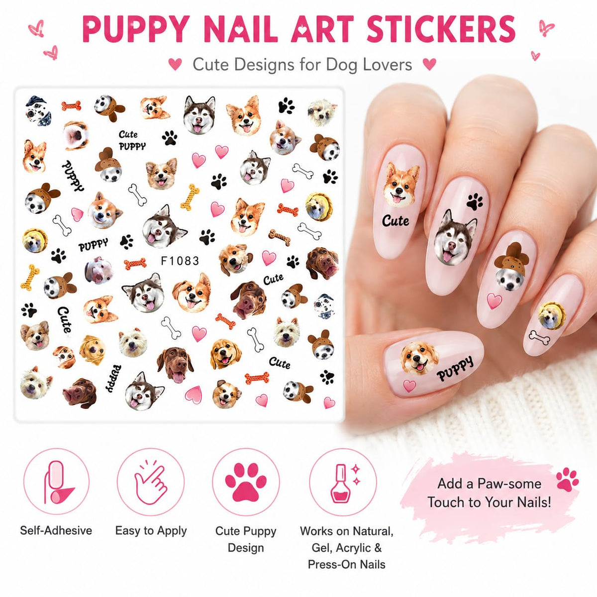 Cute Puppy Nail Art Stickers, Dog Face Paw Print Bone Heart Self-Adhesive Nail Decals for Acrylic Gel Natural Nails, Dog Lover Gift | Calcomanías para Uñas de Perritos