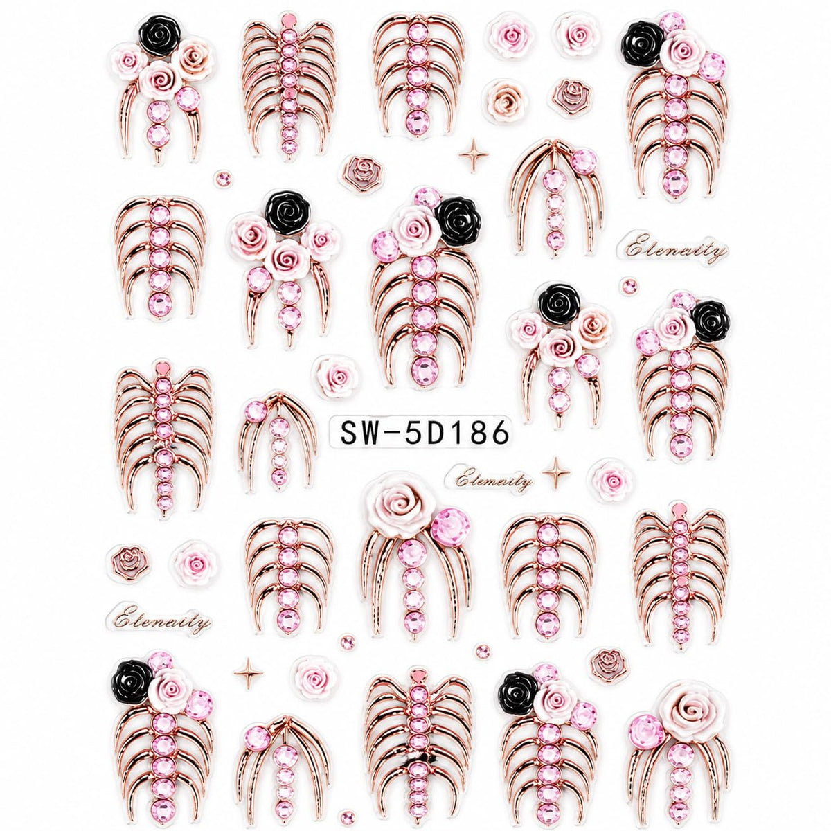 5D Rose Gold Gothic Nail Art Stickers, Floral Skeleton Rib Cage Nail Decals, Self-Adhesive 3D Nail Charms for Women, Pink Black Rose Manicure Decoration, Halloween Nail Design Stickers