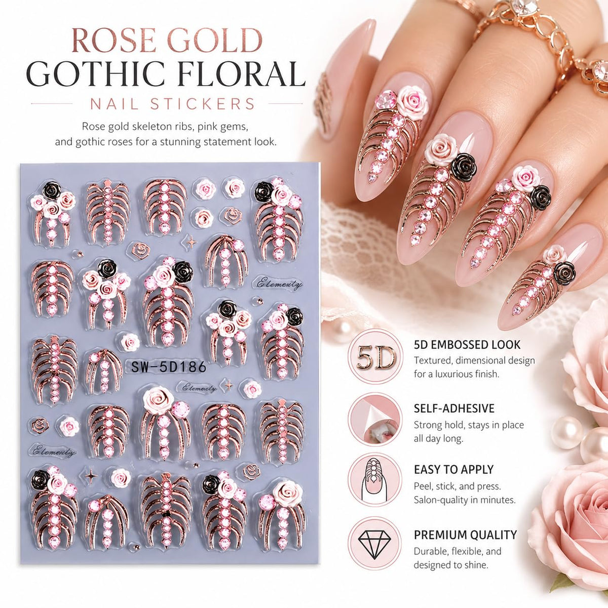 5D Rose Gold Gothic Nail Art Stickers, Floral Skeleton Rib Cage Nail Decals, Self-Adhesive 3D Nail Charms for Women, Pink Black Rose Manicure Decoration, Halloween Nail Design Stickers