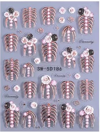 5D Rose Gold Gothic Nail Art Stickers, Floral Skeleton Rib Cage Nail Decals, Self-Adhesive 3D Nail Charms for Women, Pink Black Rose Manicure Decoration, Halloween Nail Design Stickers