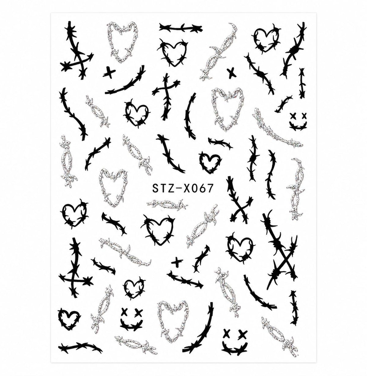 Black Silver Gothic Nail Art Stickers, Barbed Wire Heart Cross Self-Adhesive Nail Decals for Acrylic, Gel, Press-On and Natural Nails | Calcomanías para Uñas Góticas