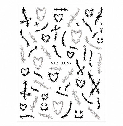 Black Silver Gothic Nail Art Stickers, Barbed Wire Heart Cross Self-Adhesive Nail Decals for Acrylic, Gel, Press-On and Natural Nails | Calcomanías para Uñas Góticas