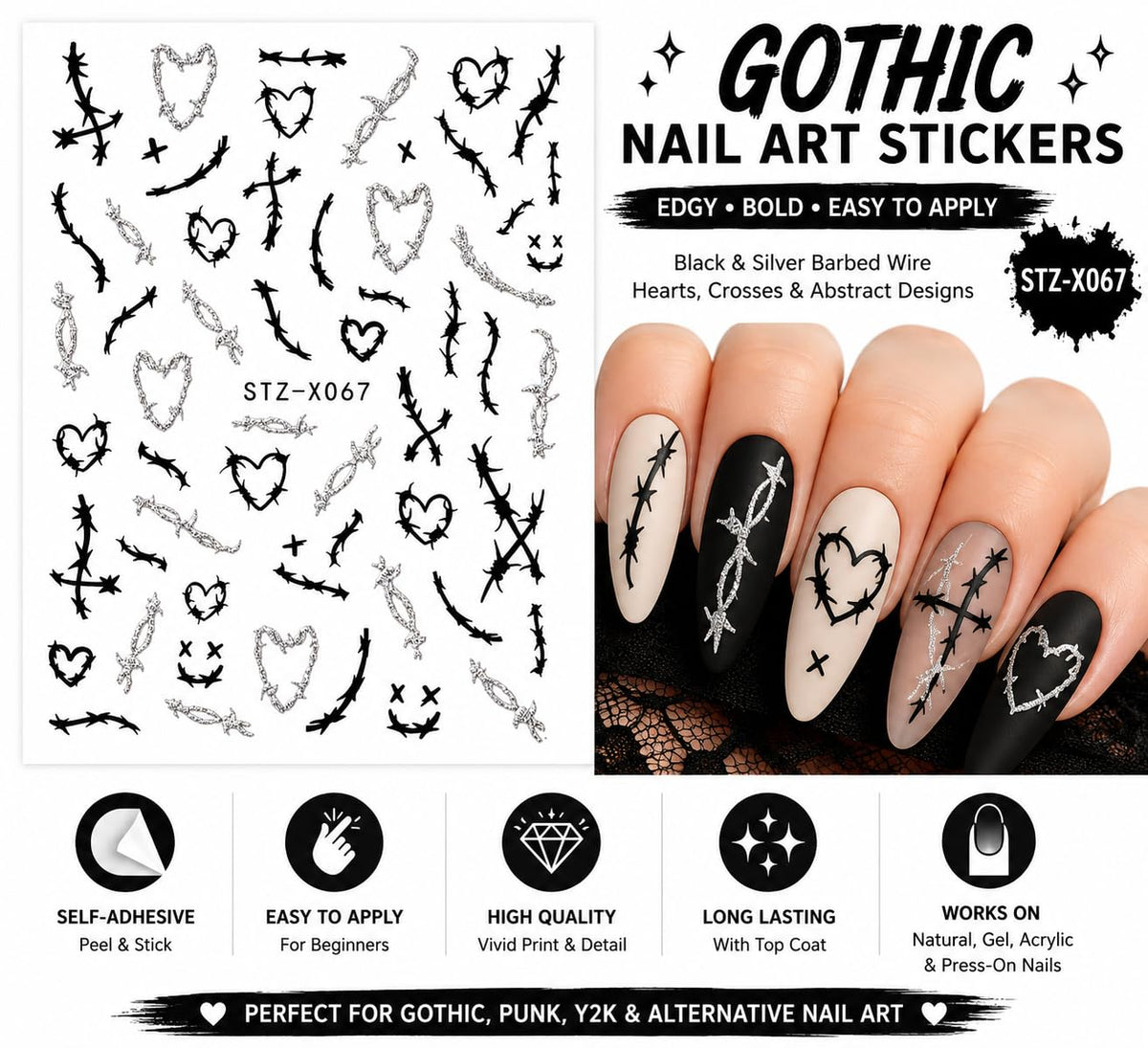 Black Silver Gothic Nail Art Stickers, Barbed Wire Heart Cross Self-Adhesive Nail Decals for Acrylic, Gel, Press-On and Natural Nails | Calcomanías para Uñas Góticas