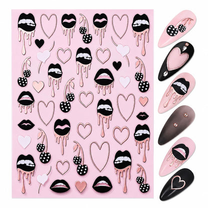 Rose Gold Foil Nail Art Stickers, Lips Hearts Cherries Drip Self-Adhesive Nail Decals for Acrylic Gel Natural Nails | Pegatinas para uñas