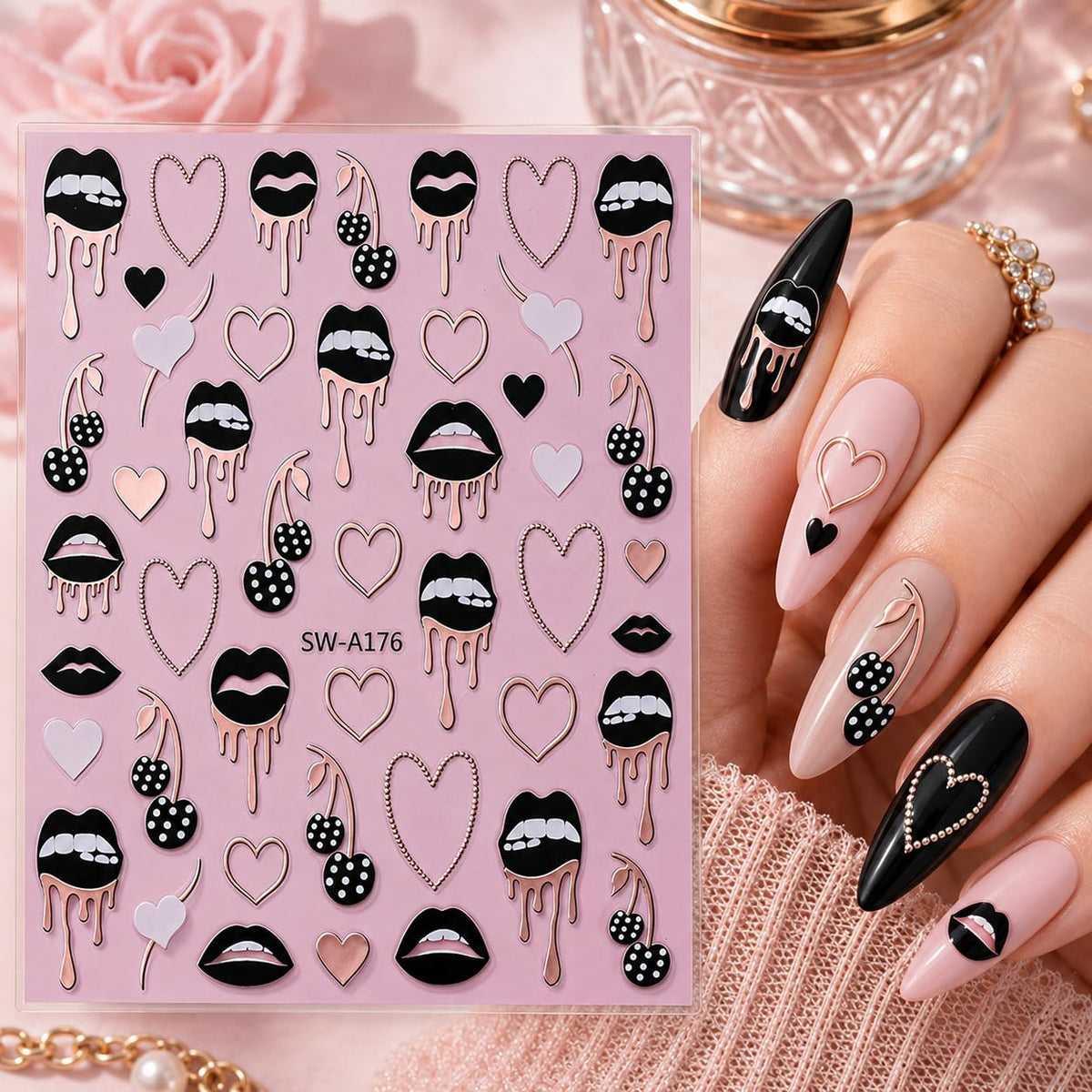 Rose Gold Foil Nail Art Stickers, Lips Hearts Cherries Drip Self-Adhesive Nail Decals for Acrylic Gel Natural Nails | Pegatinas para uñas