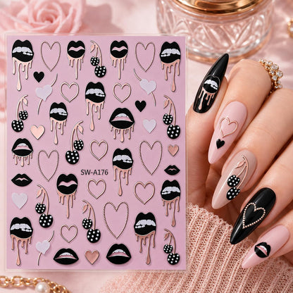 Rose Gold Foil Nail Art Stickers, Lips Hearts Cherries Drip Self-Adhesive Nail Decals for Acrylic Gel Natural Nails | Pegatinas para uñas