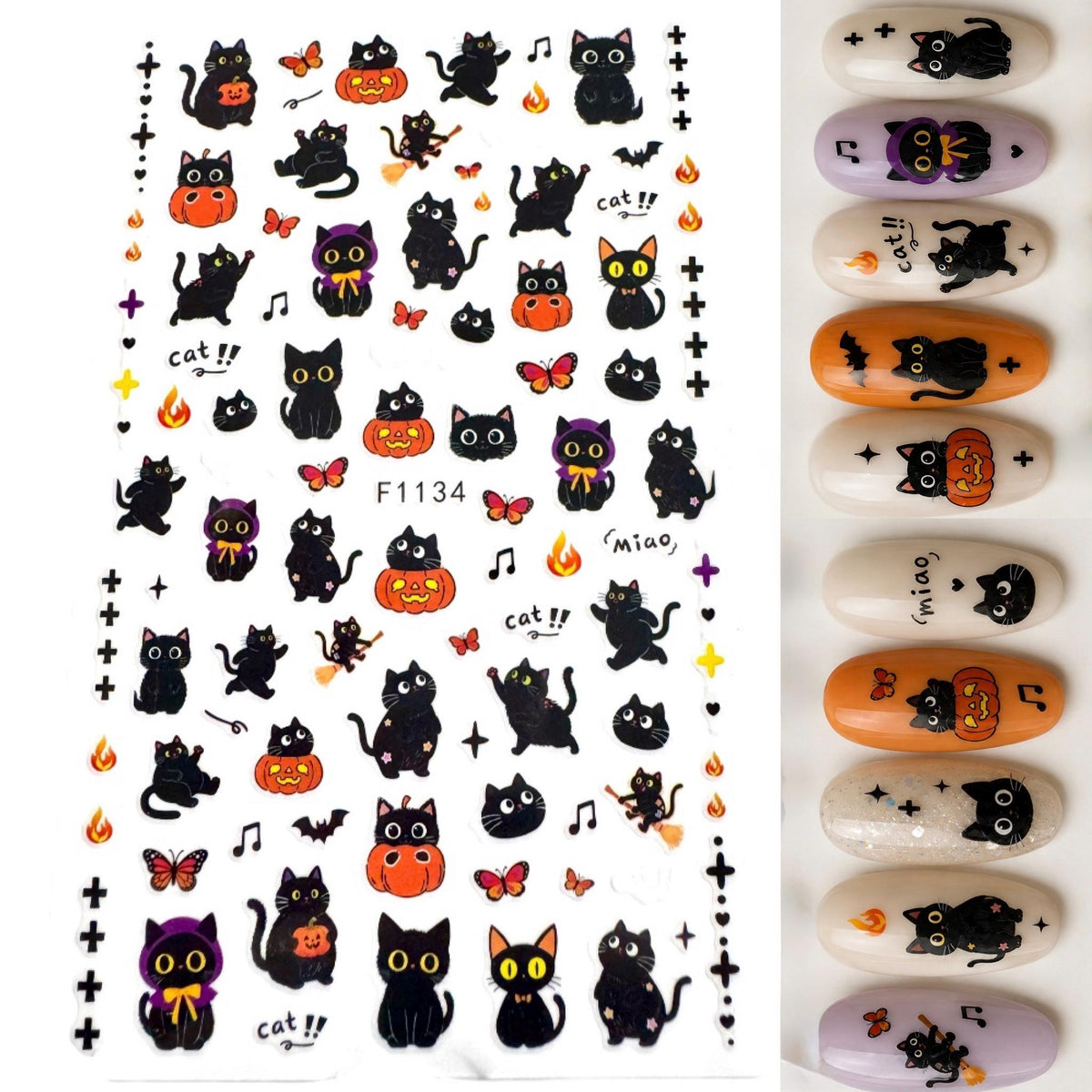 Black Cat Halloween Nail Art Stickers | Kawaii Nail Decals | Kitty Pumpkin Kawaii Witch Butterfly Nail Art | DIY Manicure Supplies
