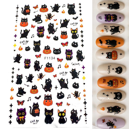 Black Cat Halloween Nail Art Stickers | Kawaii Nail Decals | Kitty Pumpkin Kawaii Witch Butterfly Nail Art | DIY Manicure Supplies