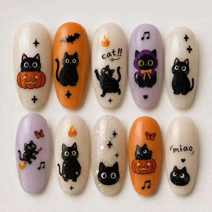 Black Cat Halloween Nail Art Stickers | Kawaii Nail Decals | Kitty Pumpkin Kawaii Witch Butterfly Nail Art | DIY Manicure Supplies