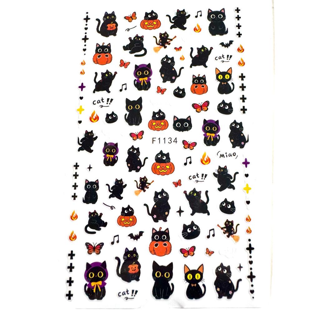 Black Cat Halloween Nail Art Stickers | Kawaii Nail Decals | Kitty Pumpkin Kawaii Witch Butterfly Nail Art | DIY Manicure Supplies
