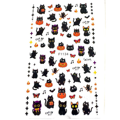 Black Cat Halloween Nail Art Stickers | Kawaii Nail Decals | Kitty Pumpkin Kawaii Witch Butterfly Nail Art | DIY Manicure Supplies