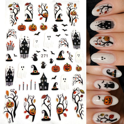 Halloween Nail Art Stickers, Ghost Pumpkin Black Cat Haunted House Witch Bat Self-Adhesive Nail Decals for Acrylic Gel Natural Nails