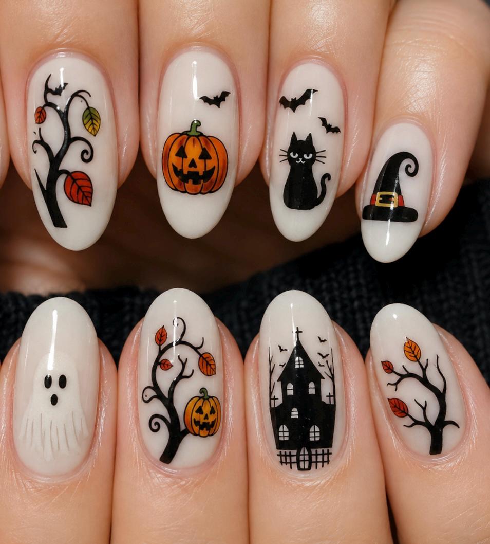 Halloween Nail Art Stickers, Ghost Pumpkin Black Cat Haunted House Witch Bat Self-Adhesive Nail Decals for Acrylic Gel Natural Nails