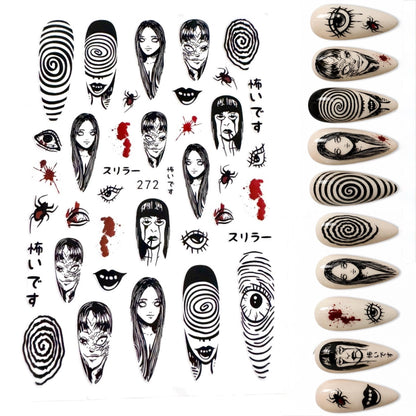 Horror Manga Nail Art Stickers | Black Bat Skull Nail Decals | Dark Japanese Nail Art | Creepy Nail Stickers | Halloween Nail Decals
