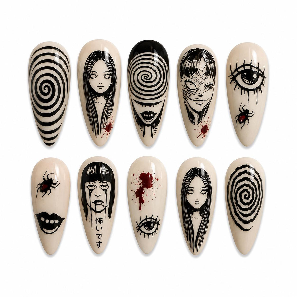 Horror Manga Nail Art Stickers | Black Bat Skull Nail Decals | Dark Japanese Nail Art | Creepy Nail Stickers | Halloween Nail Decals