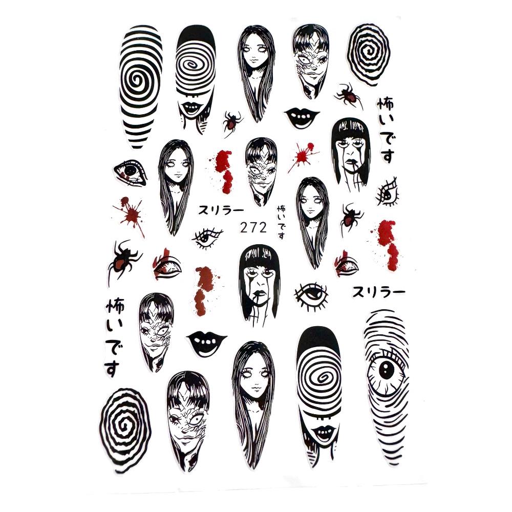 Horror Manga Nail Art Stickers | Black Bat Skull Nail Decals | Dark Japanese Nail Art | Creepy Nail Stickers | Halloween Nail Decals
