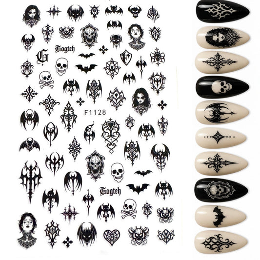 Gothic Nail Art Stickers | Black Bat Skull Nail Decals | Dark Gothic Nail Art | Alternative Metal Nail Stickers | Halloween Nail Decals