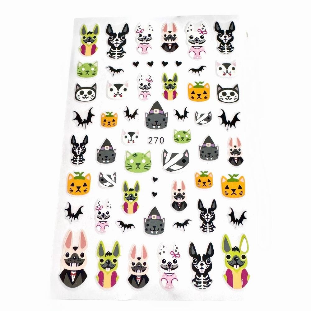 Cute Halloween Animal Nail Art Stickers, Cats Dogs Bats Pumpkin Witch Mummy Self-Adhesive Nail Decals for Acrylic Gel Natural Nails