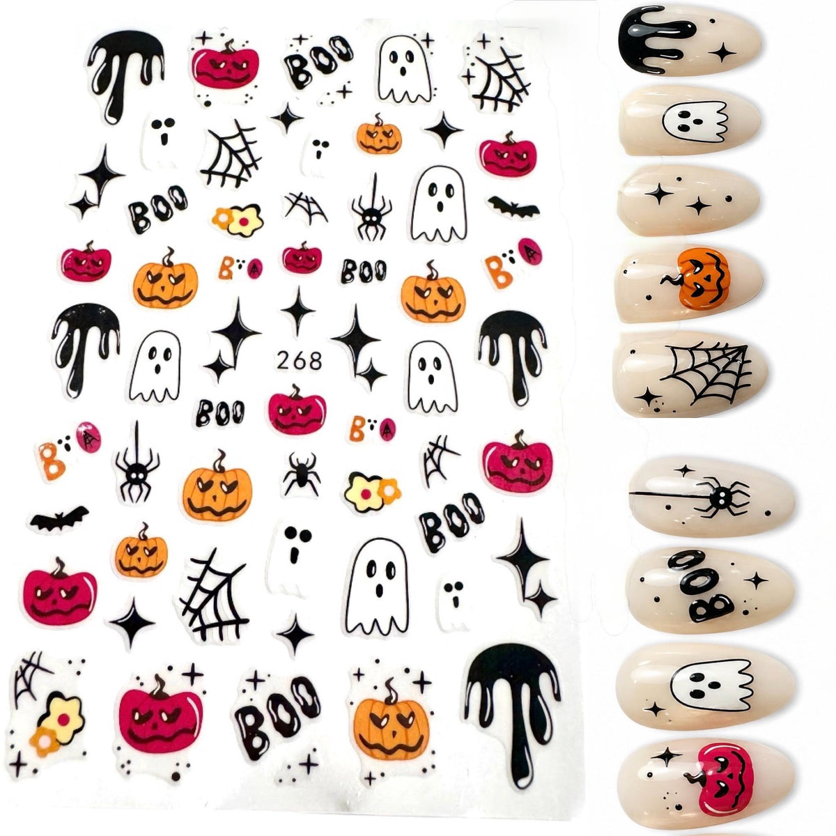 Cute Halloween Nail Art Stickers, Ghost Pumpkin Spider Web Boo Bat Self-Adhesive Nail Decals for Acrylic Gel Natural Nails | DIY Manicure Supplies