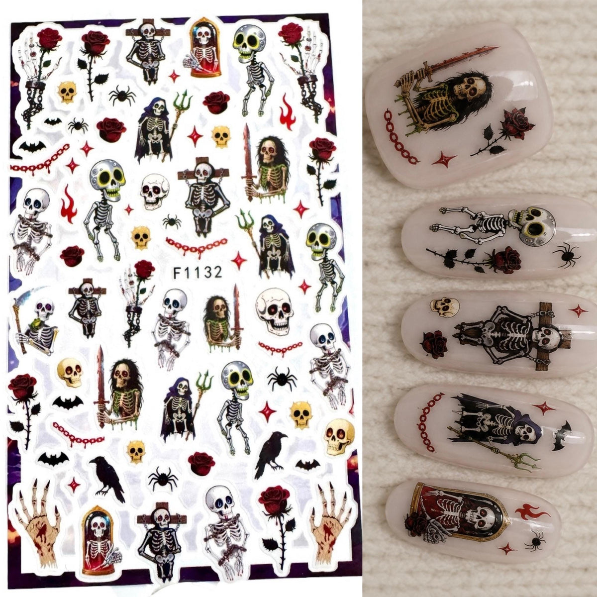 Goth Halloween Nail Art Stickers | Spooky Nail Decals | Skeleton Skull Cross Rose Nail Art | Skeleton Nail Art Stickers, Skulls Roses Spiders Bats Gothic Horror
