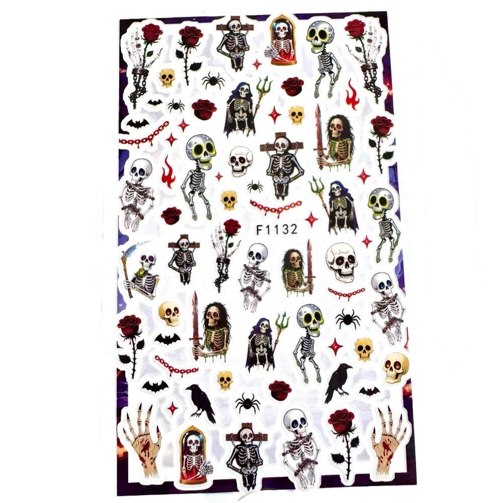 Goth Halloween Nail Art Stickers | Spooky Nail Decals | Skeleton Skull Cross Rose Nail Art | Skeleton Nail Art Stickers, Skulls Roses Spiders Bats Gothic Horror