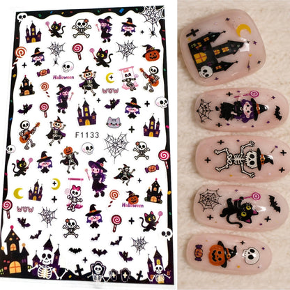 Cute Halloween Nail Art Stickers, Witch Cat Skull Bat Haunted House Self-Adhesive Nail Decals for Acrylic Gel Natural Nails