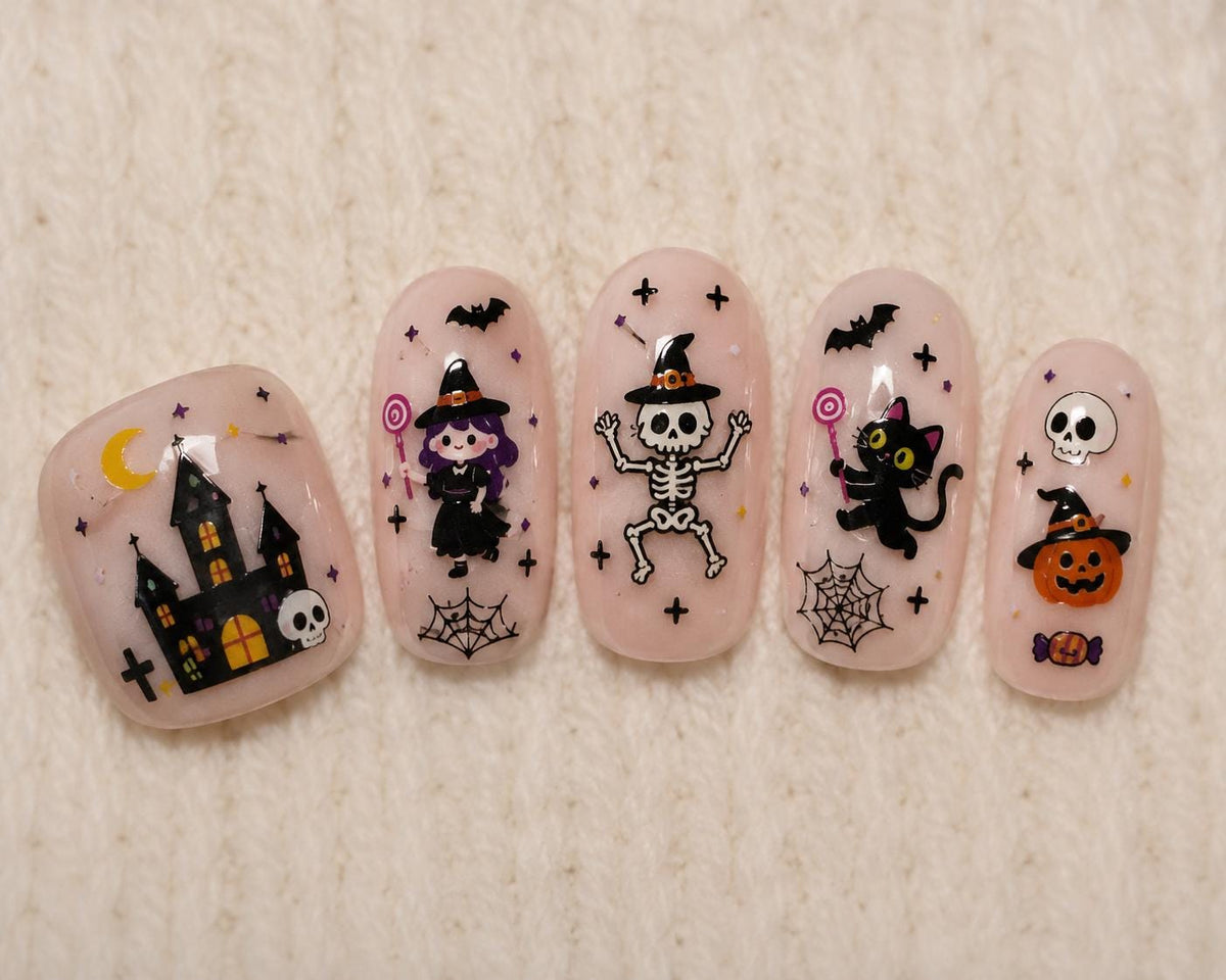 Cute Halloween Nail Art Stickers, Witch Cat Skull Bat Haunted House Self-Adhesive Nail Decals for Acrylic Gel Natural Nails
