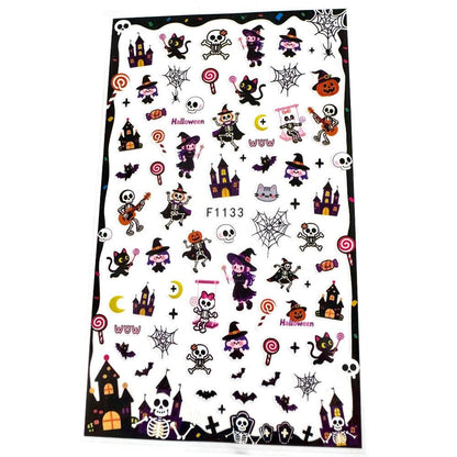 Cute Halloween Nail Art Stickers, Witch Cat Skull Bat Haunted House Self-Adhesive Nail Decals for Acrylic Gel Natural Nails