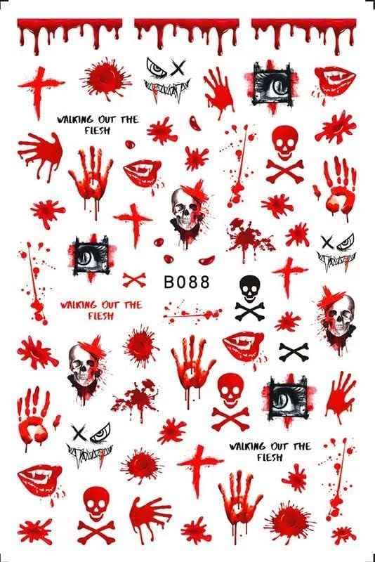 Bloody Halloween Nail Stickers, Skull Blood Splatter Handprint Nail Art Decals, Red Black Horror Gothic Creepy Manicure Stickers