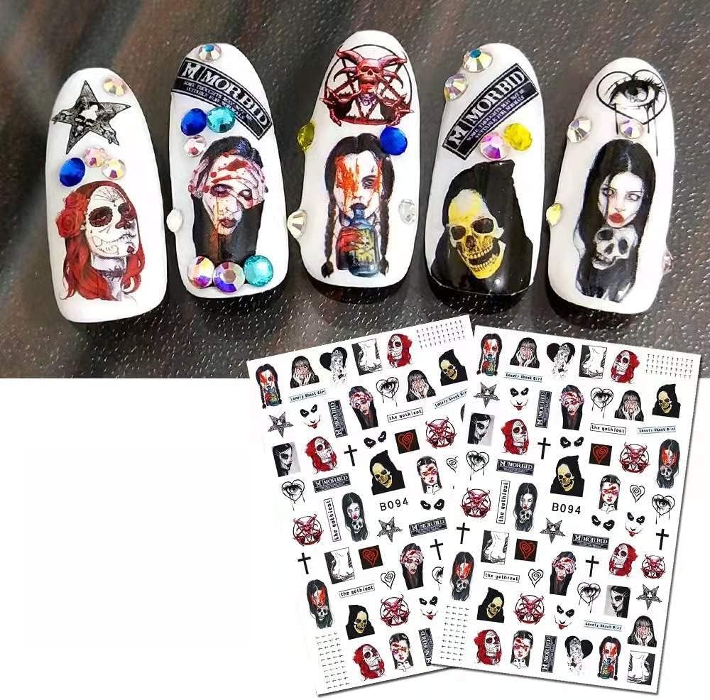 Halloween Nail Stickers - Grundge - Gothic Horror Nail Art Stickers, Skull Cross Creepy Girl Dark Morbid Self-Adhesive Nail Decals for Acrylic Gel Natural Nails