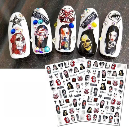 Halloween Nail Stickers - Grundge - Gothic Horror Nail Art Stickers, Skull Cross Creepy Girl Dark Morbid Self-Adhesive Nail Decals for Acrylic Gel Natural Nails