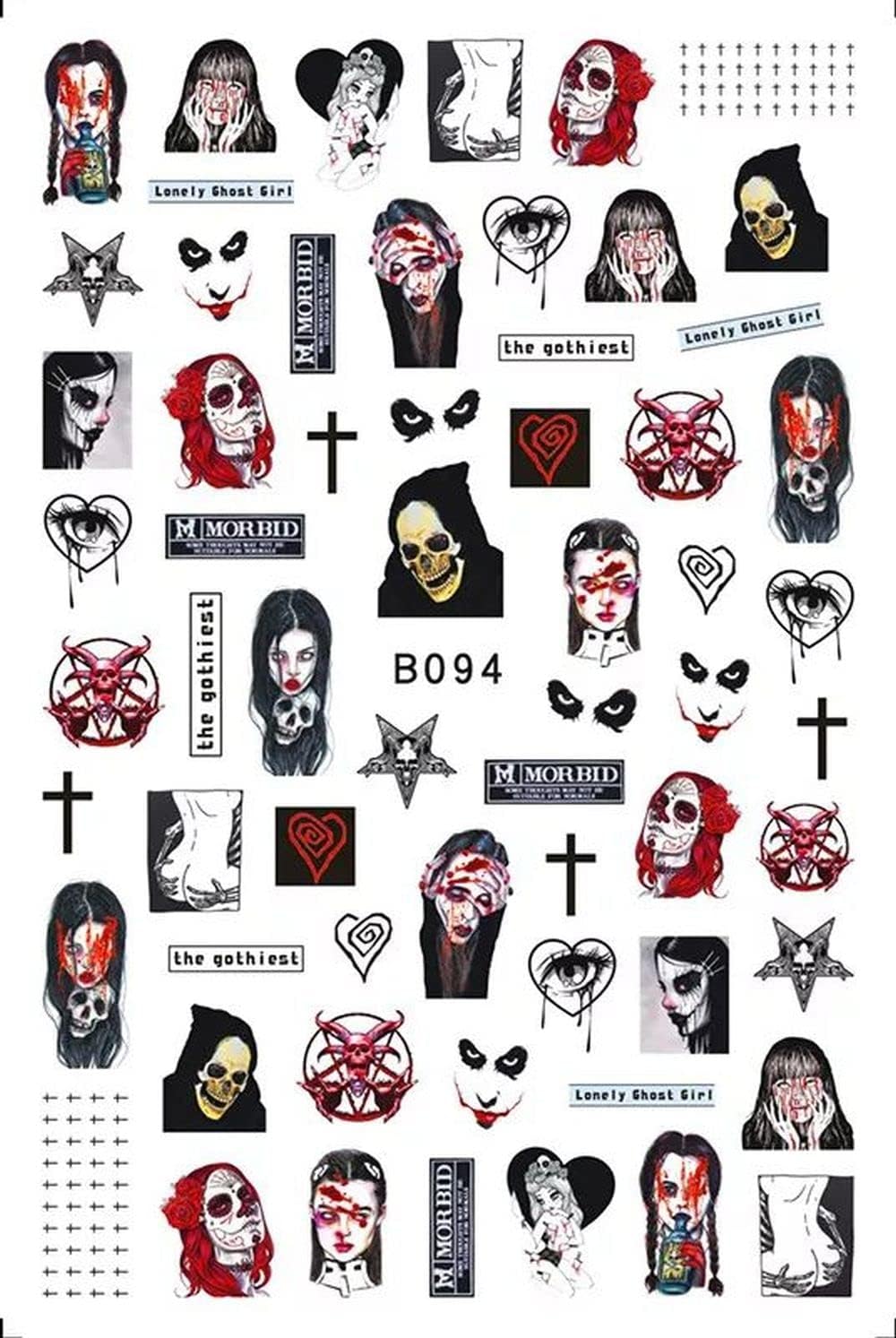 Halloween Nail Stickers - Grundge - Gothic Horror Nail Art Stickers, Skull Cross Creepy Girl Dark Morbid Self-Adhesive Nail Decals for Acrylic Gel Natural Nails