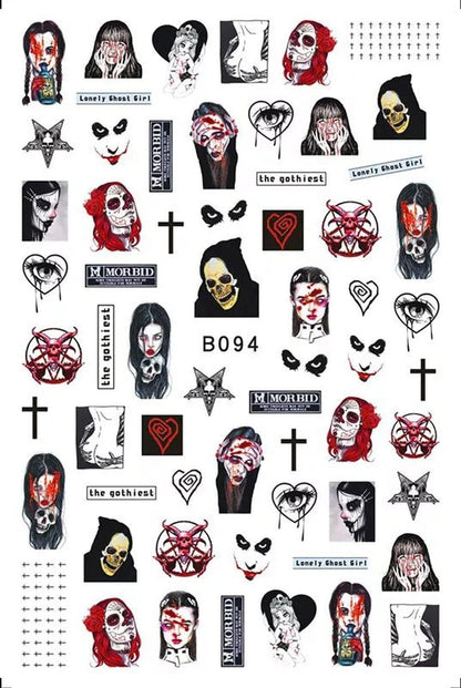 Halloween Nail Stickers - Grundge - Gothic Horror Nail Art Stickers, Skull Cross Creepy Girl Dark Morbid Self-Adhesive Nail Decals for Acrylic Gel Natural Nails