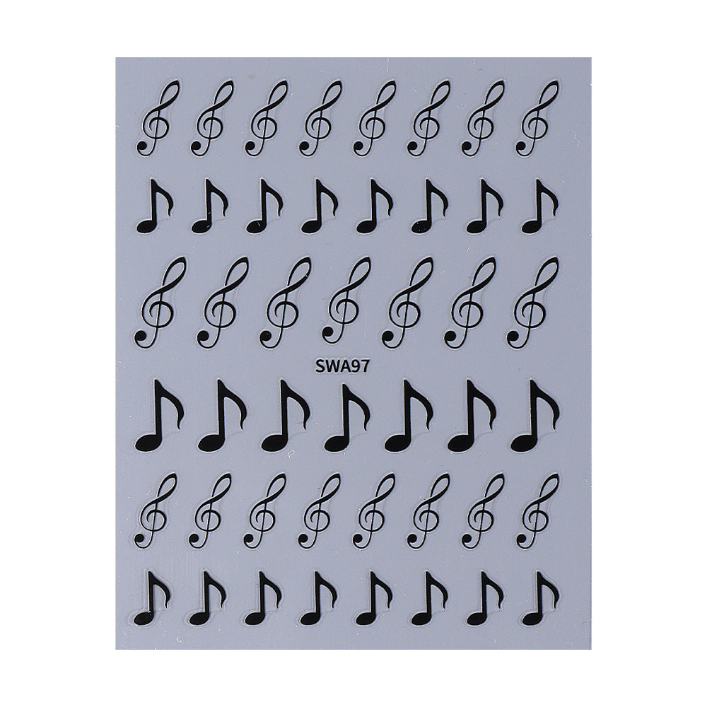 Music Note Nail Art Stickers, Black Treble Clef Musical Notes Self-Adhesive Nail Decals for Acrylic Gel Natural Nails