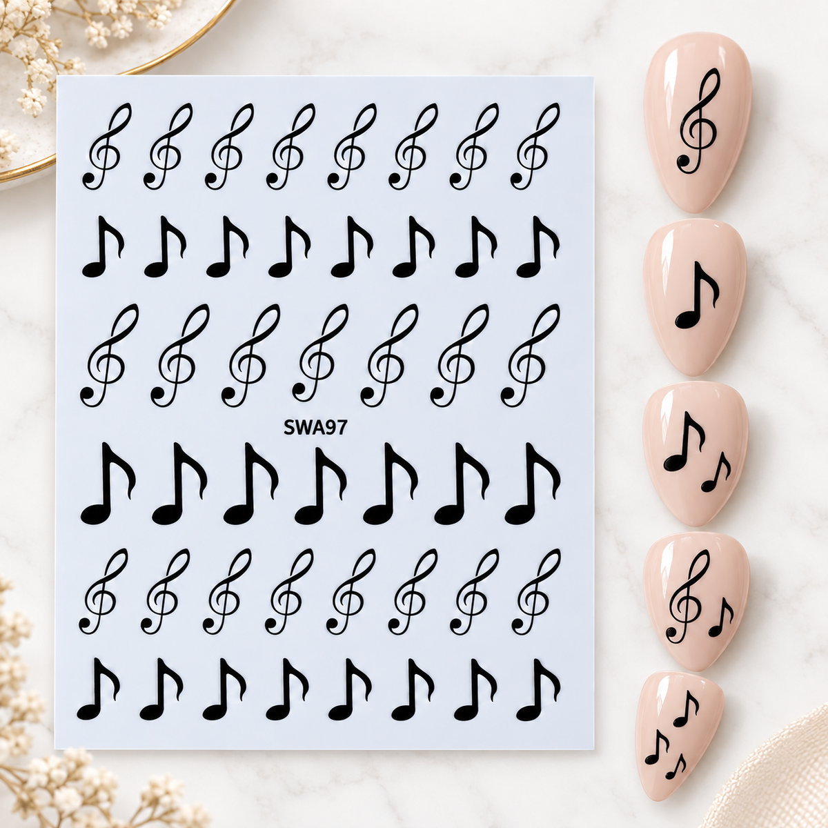 Music Note Nail Art Stickers, Black Treble Clef Musical Notes Self-Adhesive Nail Decals for Acrylic Gel Natural Nails