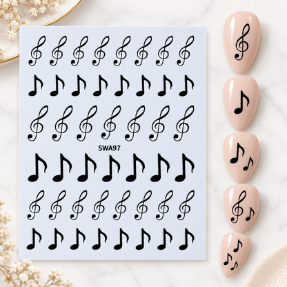 Music Note Nail Art Stickers, Black Treble Clef Musical Notes Self-Adhesive Nail Decals for Acrylic Gel Natural Nails