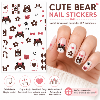 Cute Bear Nail Art Stickers, Kawaii Teddy Bear Heart Bow Self-Adhesive Nail Decals for Acrylic, Gel, Press-On and Natural Nails | Calcomanías para Uñas de Ositos