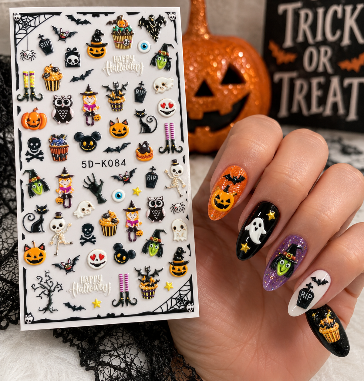 5D Halloween Nail Art Stickers, Pumpkin Ghost Witch Skeleton Skull Bat Cat Raised Self-Adhesive Nail Decals for Acrylic Gel Natural Nails