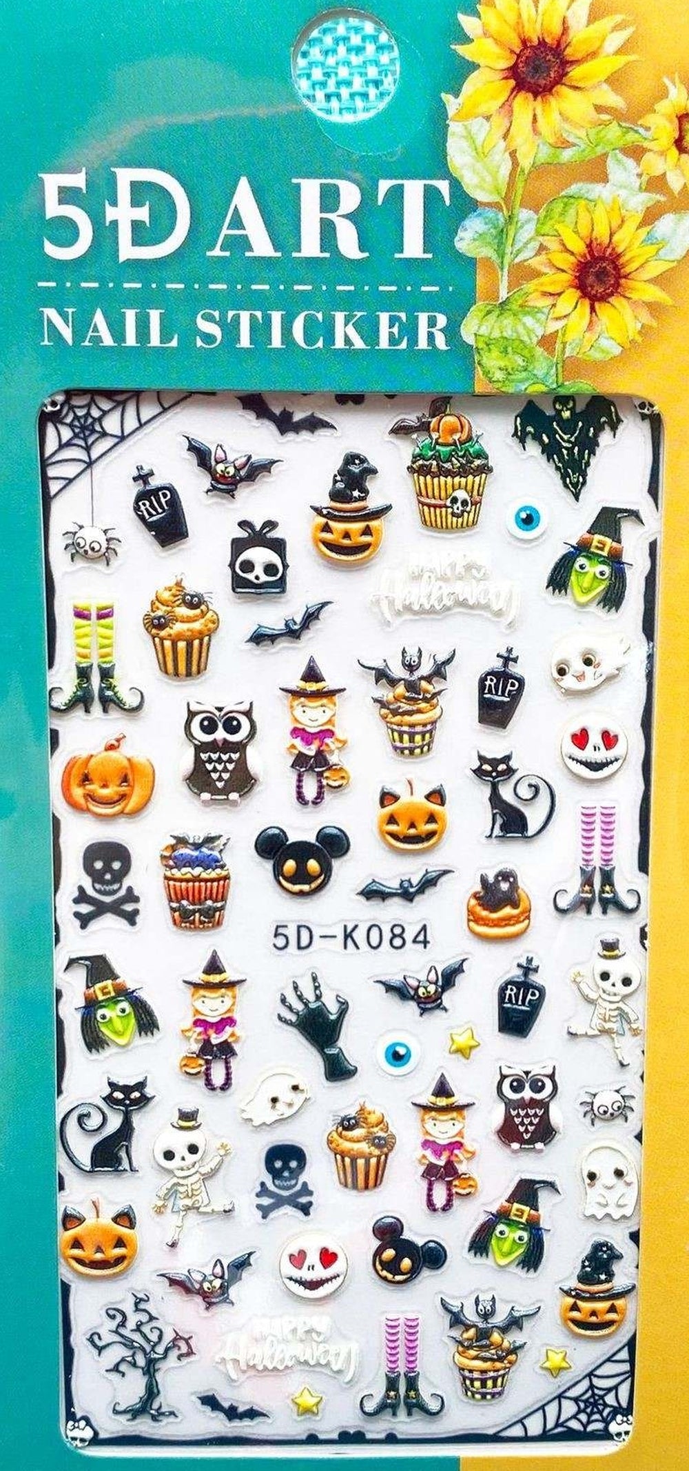 5D Halloween Nail Art Stickers, Pumpkin Ghost Witch Skeleton Skull Bat Cat Raised Self-Adhesive Nail Decals for Acrylic Gel Natural Nails