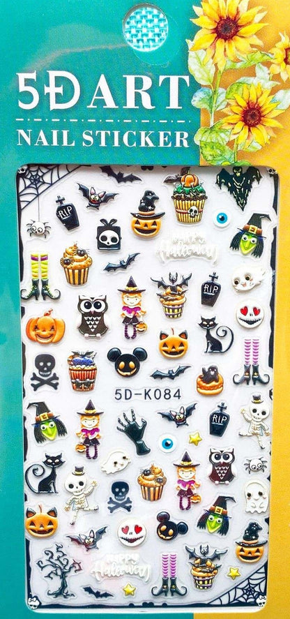 5D Halloween Nail Art Stickers, Pumpkin Ghost Witch Skeleton Skull Bat Cat Raised Self-Adhesive Nail Decals for Acrylic Gel Natural Nails